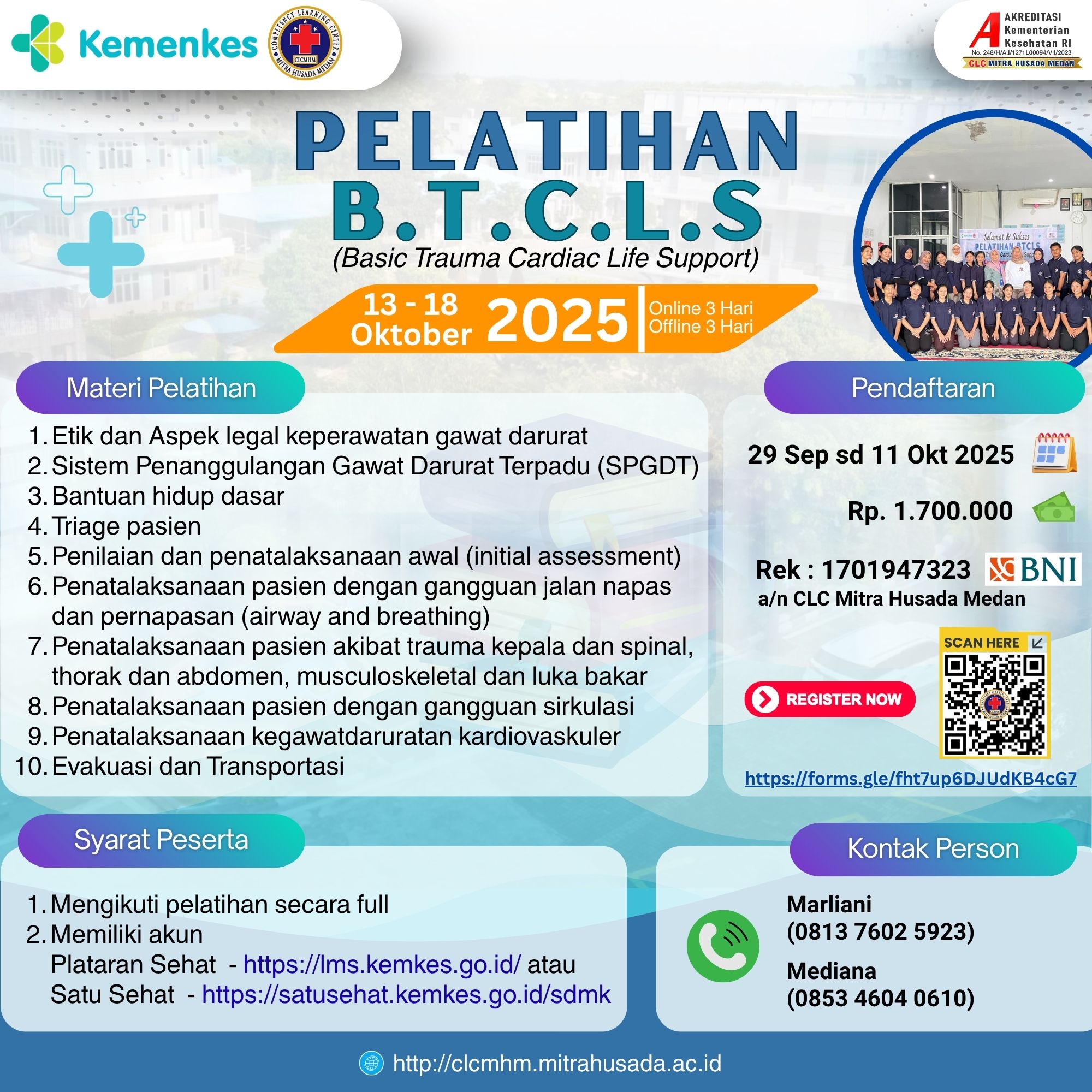 Pelatihan Basic Trauma Cardiac Life Support (BTCLS) Angkatan VI